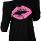 ELFIN 80s T Shirt Fancy Dress Costume for Women Off Shoulder Tops Sexy Lips Printed Casual Jumper Shirts