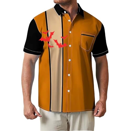 EMUKFD Halloween Mens Orange Shirts Bat Graphic T Shirts Short Sleeve Button Down Regular Fit T-Shirts Holiday Casual Tops