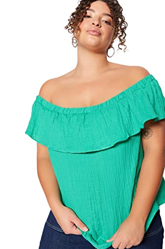 Trendyol Woman Relaxed fit Basic Carmen Collar Woven Plus Size Blouse,Green,44