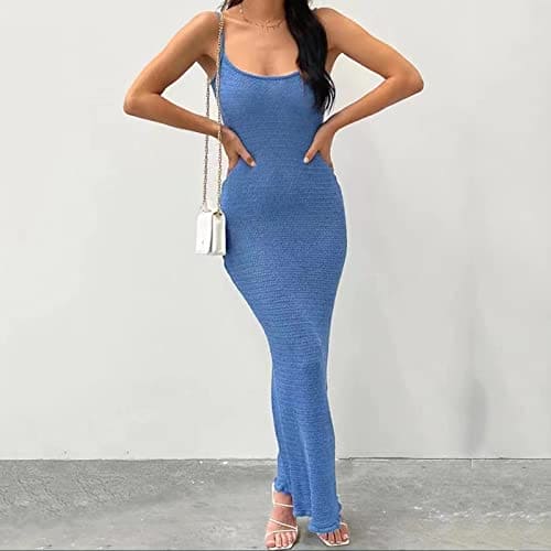 Sexy Knitted Dress Bodycon Dress for Women Sleeveless Spaghetti Strap Neck Maxi Dress Backless Summer Beach Dresses Summer Dress Black Women, blue, M