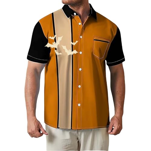 EMUKFD Halloween Mens Orange Shirts Bat Graphic T Shirts Short Sleeve Button Down Regular Fit T-Shirts Holiday Casual Tops Funny Blouses Bowling Tee Shirt Prime Deals