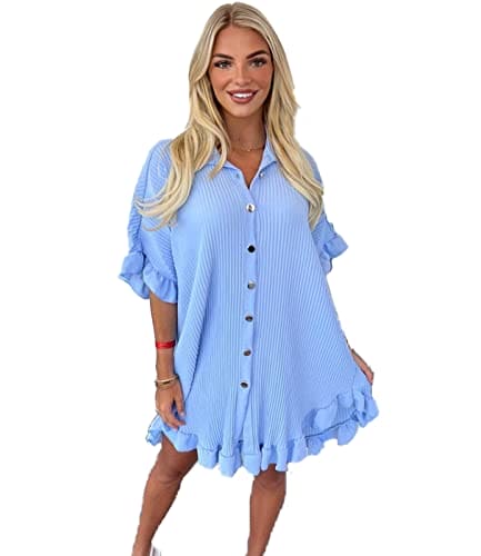 eyes Women’s Gold Button Pleated Short Sleeve Plain Collared Frill Hem Ladies Casual Loose Fit Oversized Baggy Plus Size Swing Summer Dresses for Women Sky Blue One Size 8-22