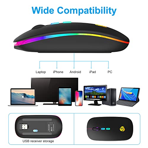 Bluetooth Wireless Mouse with Type-C Receiver Rechargeable 2.4G USB Portable Mobile Optical Office Bluetooth Mice Backlight Mouse, 3 Ddjustable DPI for iPad,Notebook,PC,Laptop,Computer and Windows