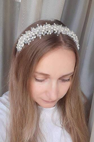 Chargances Pearl and Crystal Tiara for Brides Bridesmaid Wedding Women Hair Crown Handmade Headband Princess Hair Jewelry