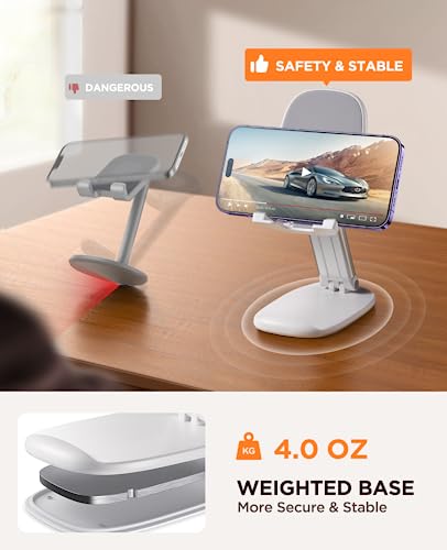 JOYROOM Foldable Phone Stand for Desk, Metal Counterweight Base & Adjustable Height and Angle Phone Holder, Mobile Phone Holder for 4.7"-11" Cell Phones and Tablets (White)