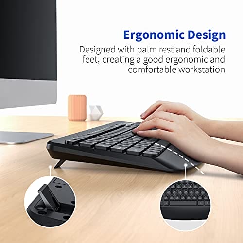 Ergonomic Keyboard and Mouse Wireless Combo, VIVEFOX Silent Full-Sized 2.4G Cordless Keyboard Mouse Set with Palm Rest for Windows PC Computer Desktop Laptop, Black