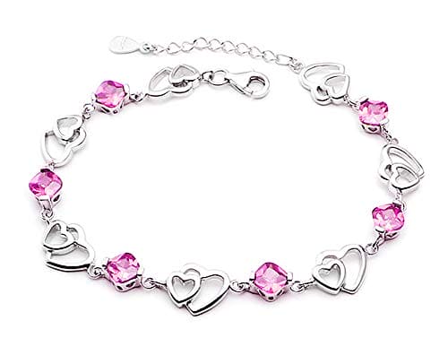 Kaguyo Elegant 925 Sterling Silver Amethyst Pink crystal Zirconia Infinity Heart Anklet Bracelets For Women Girls, friendship birthday Gift