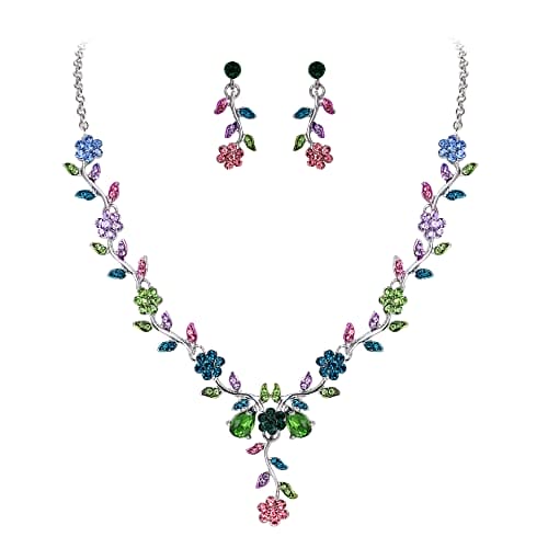 Clearine Women's Wedding Jewellery Set Leaf Cluster Flower Crystal Pendant Necklace Dangle Earrings Set for Bridal Bride Multi Colour Silver-Tone