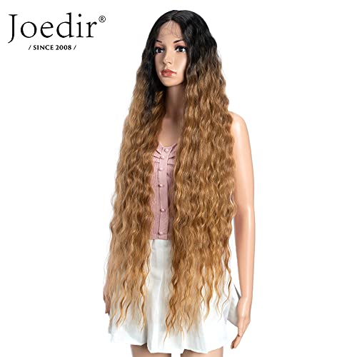 Joedir Lace Front Wigs 38 Inches Middle Part Curly Wavy Wig Super Long Curly Wigs for Women T-Part Lace Front Wig HD Transparent Synthetic Wig with Baby Hair(Ombre Hondy)