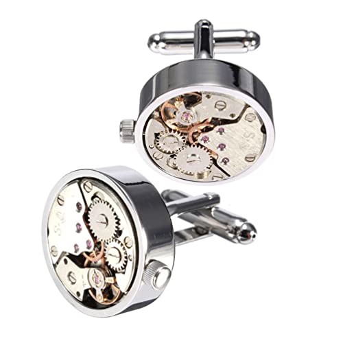 Silver Working Watch Movement Steampunk Cufflinks Cuff Links Vintage Skeleton Gift, 2, Silver