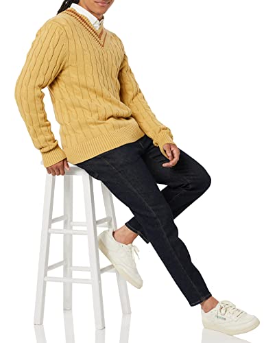 Amazon Essentials Men's Cable Knit V-Neck Jumper, Tan, XXL