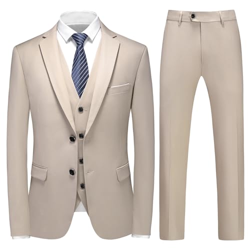 KUDMOL Men Suits 3 Piece Slim Fit Suit Business Wedding Formal Dinner Two Buttons Tuxedo Suit for Men Classic Blazer Waistcoat Trousers Set Champagne