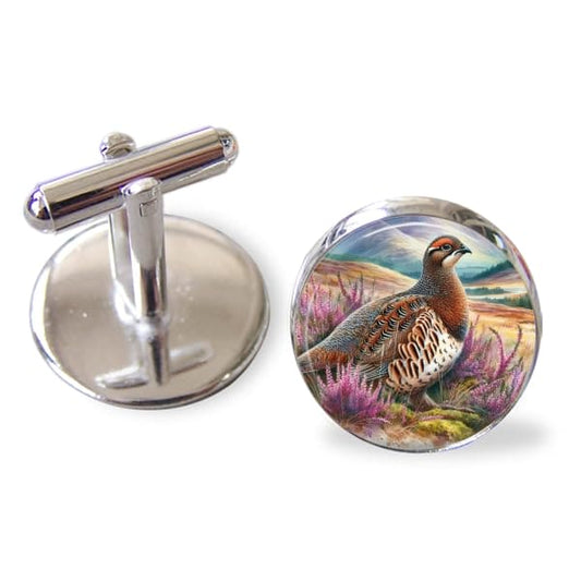 Grouse Cufflinks Scottish Handmade Art Design set into 16mm round silver plated cufflinks unique