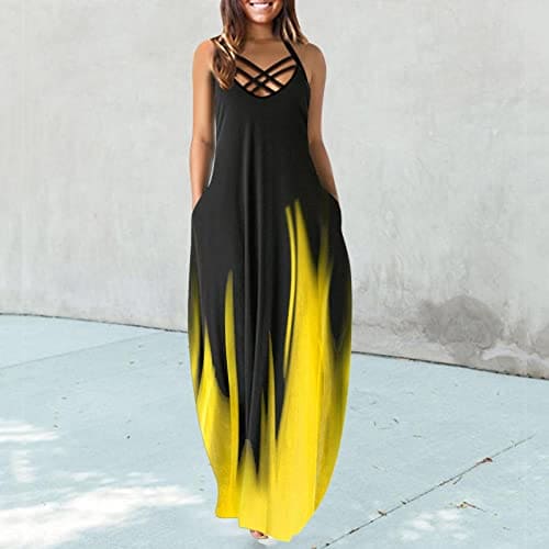 FQZWONG Maxi Dress for Women,2022 Summer Casual Beach Sleeveless Sexy Graduation Long Y2K Dress with Pockets Tie Dye Flowy Party Club Night Boho Hawaiian Sundresses Plus Size(R Yellow,XX-Large)