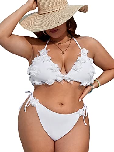 OYOANGLE Women's Plus Size 2 Piece Bikini Set Appliques Triangle Halter Swimsuit Tie Side Bathing Suit White 4XL