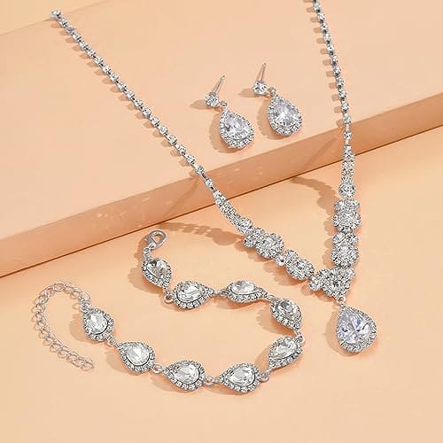 FDEETY Jewelry Sets for Women Rhinestone Necklace Bracelet Dangle Earrings for Bride Bridesmaid Crystal Cubic Zirconia Bridal Wedding Jewelry (Silver)