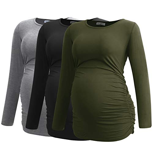 Smallshow Women's Maternity Tops Long Sleeve Pregnancy Clothes T Shirts 3-Packs,Army Green-Black-Light Grey,S