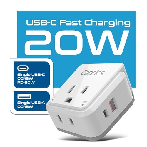 Ceptics UK, Ireland Power Adapter Travel, Safe Dual USB & USB-C 3.1A - 2 USA Socket - Compact & Powerful - Use in Hong Kong, England, Dubai, Saudi Arabia - Includes Type G Swadapt Attachments