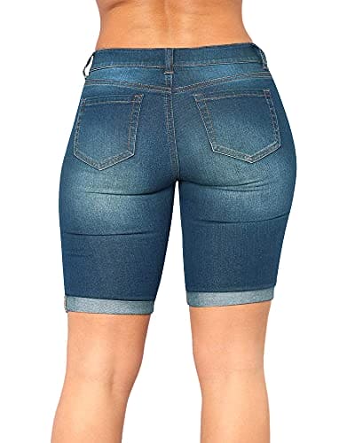 roswear Women's Distressed Knee Length Ripped Stretchy Jean Shorts Blue Small