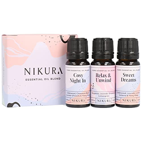 Nikura | Sleep Essential Oil Blends Set 3 x 10ml - Cosy Night in, Relax & Unwind & Sweet Dreams | Strong Fragrance for Soap and Candle Making, Diffusers for Home, Vegan, 100% Pure and Natural