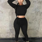 Kaximil Women's Workout Tracksuit 2 Piece Outfits Long Sleeve Crop Top High Waist Legging Pants Set, Small, Black