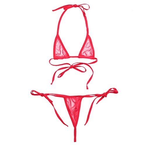 inlzdz Womens Sexy Tiny 2PCs Bikini Set Sheer Mesh See Through Swimsuit Bra Top with G-String Briefs Red One Size