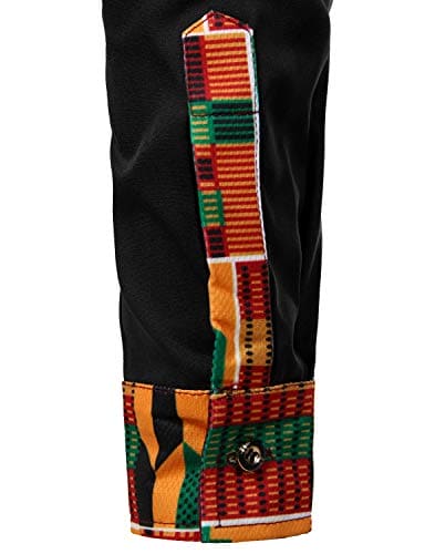 PARKLEES Men's African Dashiki Tribal Graphic Patchwork Long Sleeve Printed Grandad Collar Shirt PZZCL46 Black XL