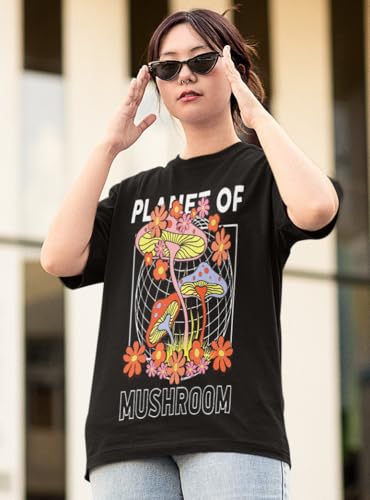 Women's Oversized Baggy Fit Short Sleeved Slogan Printed T-Shirts (UK, Alpha, S, Regular, Regular, Black : Planet of Mushroom Slogan Printed T-Shirt)