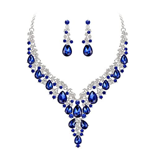 Clearine Wedding Bridal Jewellery Set Teardrop Rhinestone Cluster Statement Necklace Dangle Earrings Set Costume Jewellery for Women Navy Blue Silver-Tone