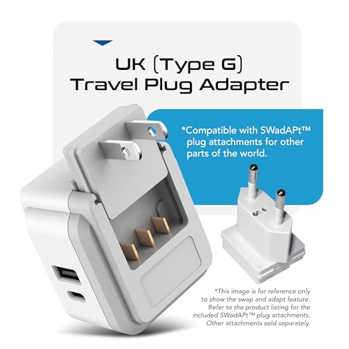 Ceptics UK, Ireland Power Adapter Travel, Safe Dual USB & USB-C 3.1A - 2 USA Socket - Compact & Powerful - Use in Hong Kong, England, Dubai, Saudi Arabia - Includes Type G Swadapt Attachments