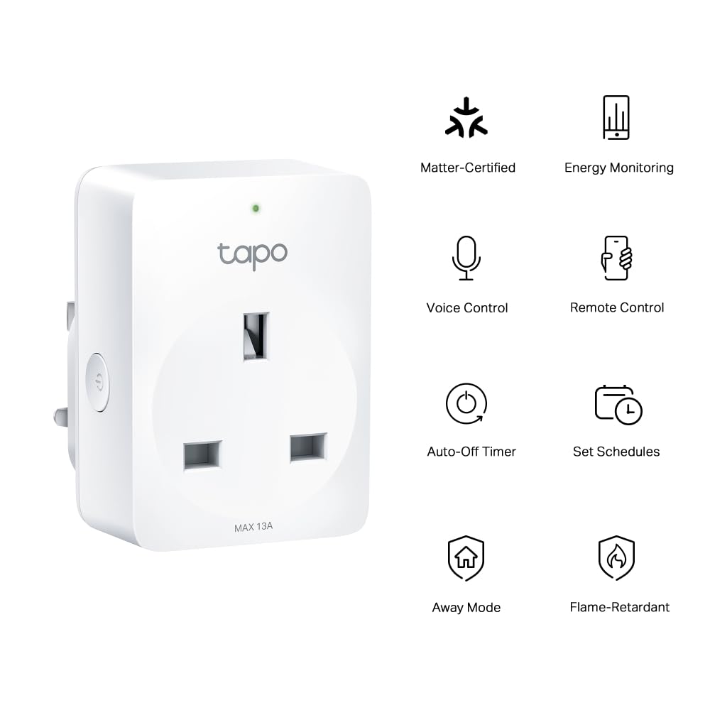 Tapo WiFi App Control Smart Plug, Energy Monitoring & MATTER Compatible Alexa Plug, Works with Alexa, Google, Apple HomeKit, Smart things, Device Sharing, Smart Plugs That Work With Alexa (Tapo P110M)