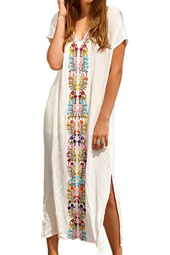 YouKD Summer Cotton Embroidered Floral Loose Caftan Boho Beach Bikini Cover Up Dress Plus Size Robe for Women