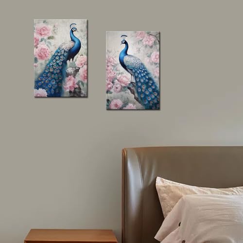 GLOKAKA Blue Peacock Wall Art Beautiful Animal Peacock Canvas Art Poster Elegant Peacock on a Branch with Pink Flowers Picture Painting for Living Room Bedroom Office Decor