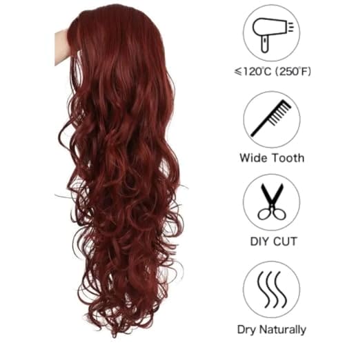 Siudus Womens Dark Red Curly Long Wig Burgundy Wavy Middle Part Wigs Synthetic Heat Resistant Fiber Hair Wig for Cosplay Halloween Use