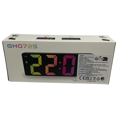 JQGO Alarm Clock Digital Battery Powered, LED Travel Alarm Clocks Beside Mains Powered Non Ticking with Snooze Temperature Date Time Brightness Adjustable for Kids Adults (Colorful)