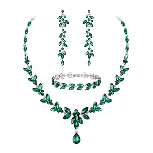 Ever Faith Marquise Crystal Party Jewelry Set for Bride, Gorgeous Leaf Rhinestone Necklace Dangle Earrings Tennis Bracelet Set Green Gold-Tone