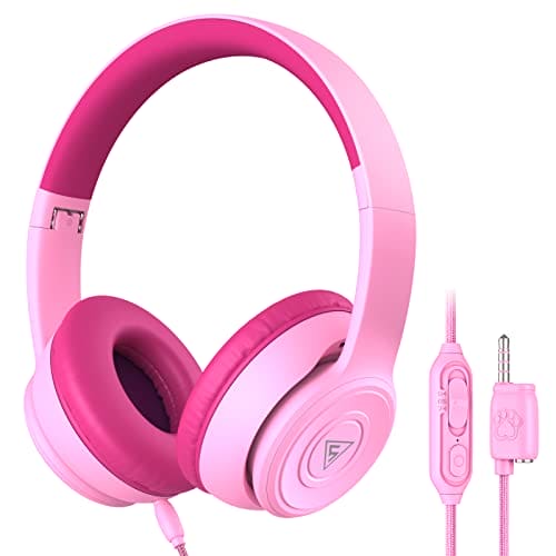 DOQAUS Headphones for Kids, Children Headphones for Boys Girls with 74/85/94dB Volume Limited, Stereo Sound, Share Function, Wired Kids Headphones with Microphone for School/Travel/Phone/PC/MP3, Pink