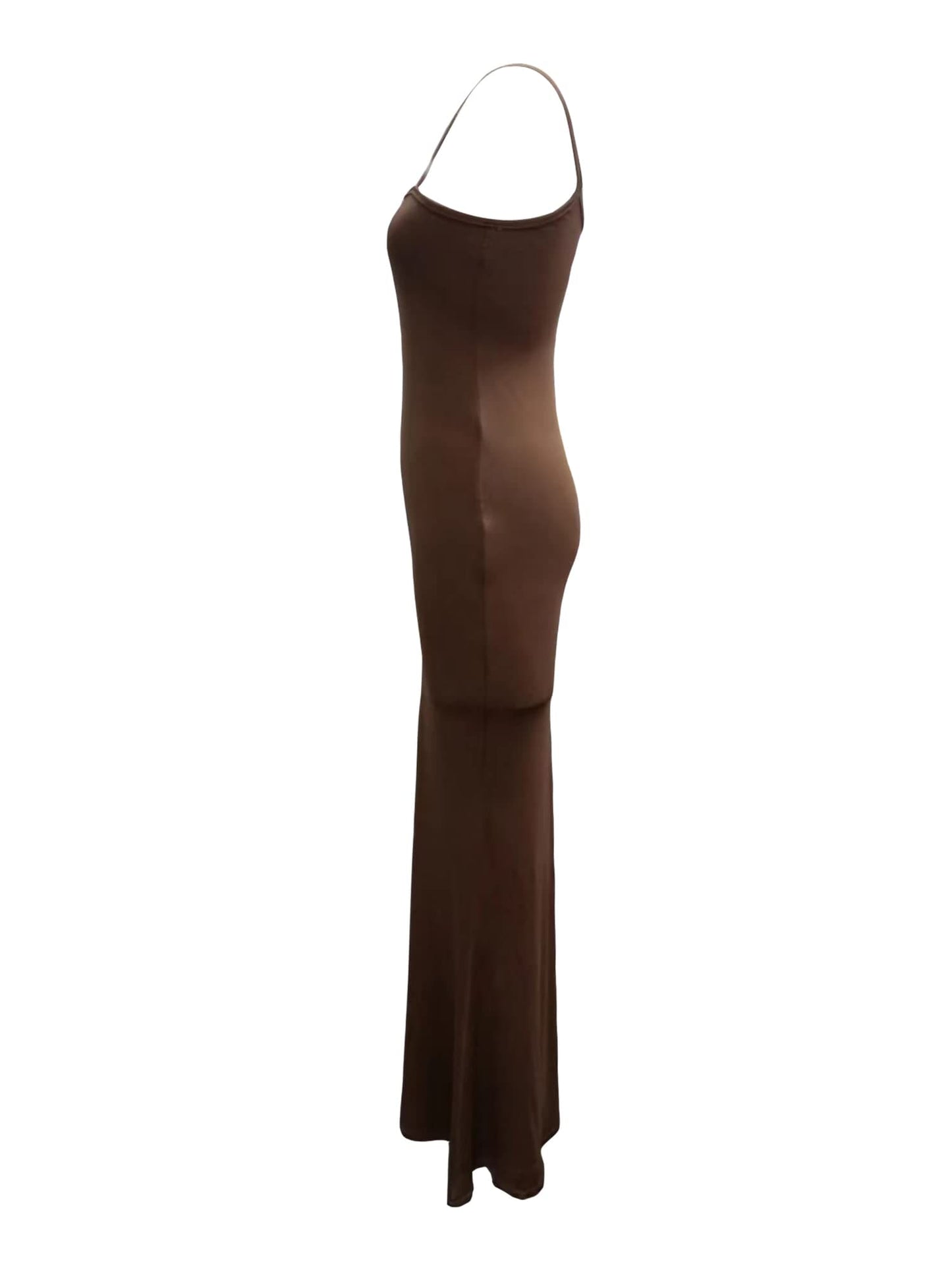 Edhomenn Womens Sexy Fish Tail Bodycon Maxi Dress Sleeveless Spaghetti Strap Long Dress Summer Solid Slim Fit Y2K Dress (A-Brown, S)