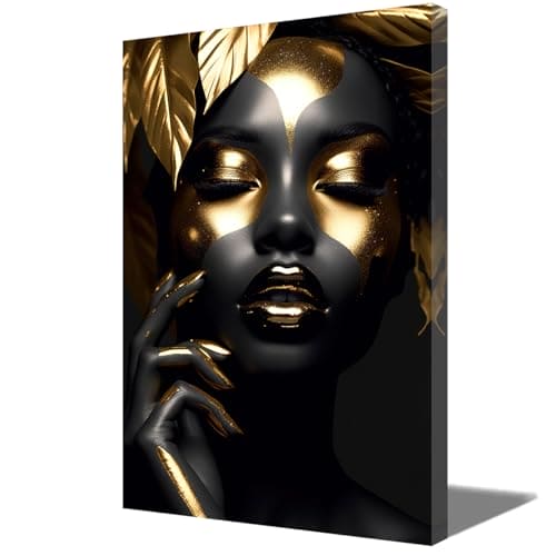 ZQQART Black Girl Canvas Wall Art African American Woman Picture Prints Black Gold Tropical Leaves Black Women Picture Fashion Pop Girl Poster (Girl-A,12.00" x 18.00")