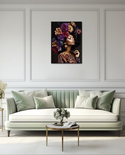 GLOKAKA African American Women Canvas Wall Art Black Woman with Flower Head Modern Portrait Artwork Beauty Abstract Girl Painting for Bedroom Living Room Wall Decor