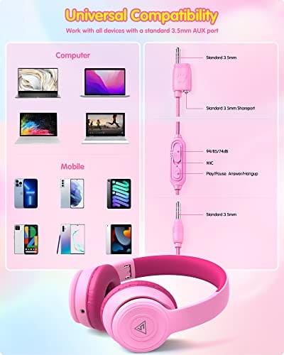 DOQAUS Headphones for Kids, Children Headphones for Boys Girls with 74/85/94dB Volume Limited, Stereo Sound, Share Function, Wired Kids Headphones with Microphone for School/Travel/Phone/PC/MP3, Pink