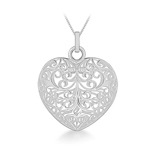 Tuscany Silver Women's Sterling Silver Large Filigree Puffed Heart Pendant on Adjustable Curb Chain of 41cm/16"-46cm/18"