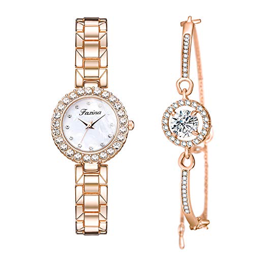 Clastyle Rose Gold Watch and Bracelet Set for Women - Elegant Diamond Ladies Watches with Bangle - Womens Watch and Jewellery Set with Mother of Pearl