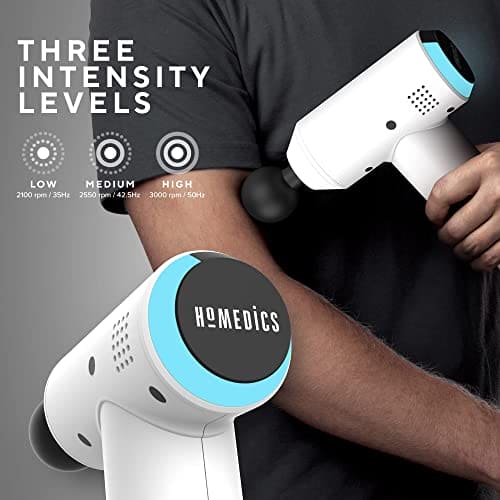 HoMedics Massage Gun - Handheld Physiotherapy Massager, Deep Tissue Physio Percussion Massage, 5 Massaging Heads, Cordless, Rechargeable