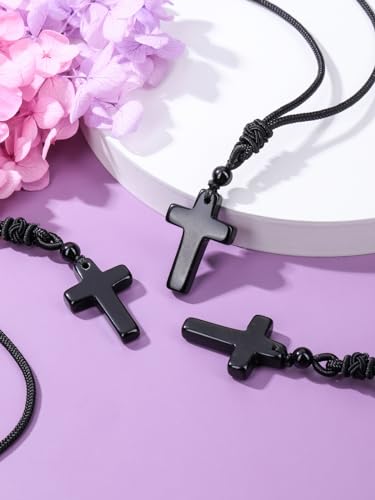 CrystalTears Black Obsidian Crystal Cross Necklace for Men Women Natural Quartz Crystal Gemstone Cross Pendant Necklace Adjustable Protection Healing Stone Necklace Jewellry Gift for Him Christmas