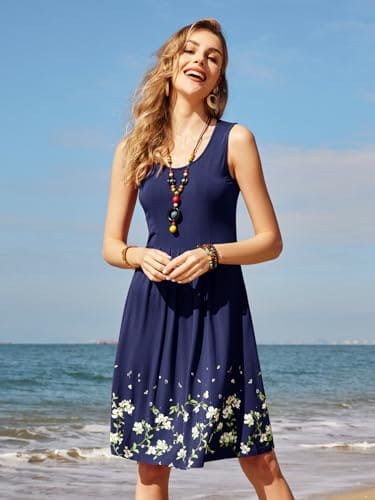 KILIG Summer Dresses for Women UK Beach Casual Sundress Ladies Sleeveless Tank Dress Midi Floral Cover Ups (A1-Navy, M)