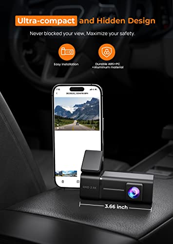 Dash Cam Front WiFi 2.5K 1440P Car Camera, Mini Dash Camera for Cars, Dashcams with App, Night Vision, 24H Parking Mode, G-Sensor, Loop Recording, Free 32G Card, Support 256GB Max