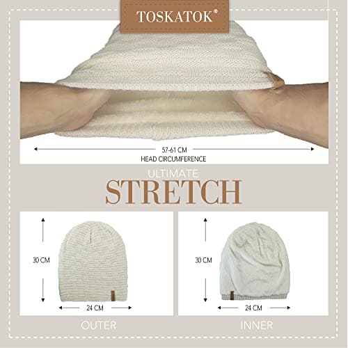 TOSKATOK® Ladies Mens Unisex Warm Winter Textured Knit Slouch Beanie hat with Cosy Faux Fur Teddy Fleece Liner-A-Cream