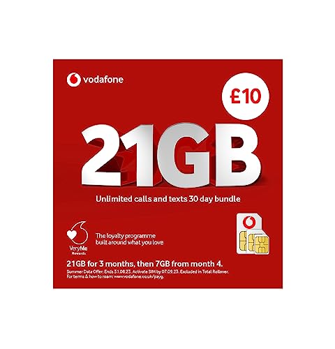 Vodafone SIM Card UK PREPAID PAYG £10 Bundle -21GB (14GB FREE) DATA + Unlimited Mins & Texts + International Calling Option - (Love2surf RETAIL PACK)