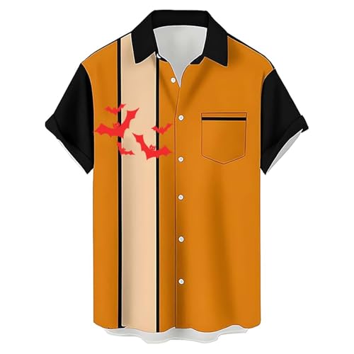 EMUKFD Halloween Mens Orange Shirts Bat Graphic T Shirts Short Sleeve Button Down Regular Fit T-Shirts Holiday Casual Tops